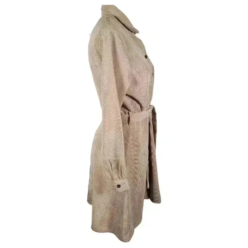 Love Crazy Corduroy Button Down Belted Long Sleeve Dress Tan Size M Winter Fall - Picture 3 of 11